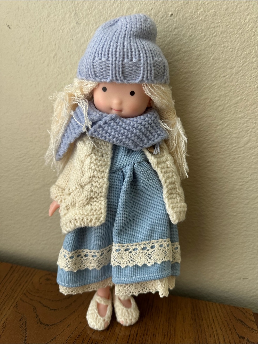 Girl Doll with Blue Knitted Accessories & Lace